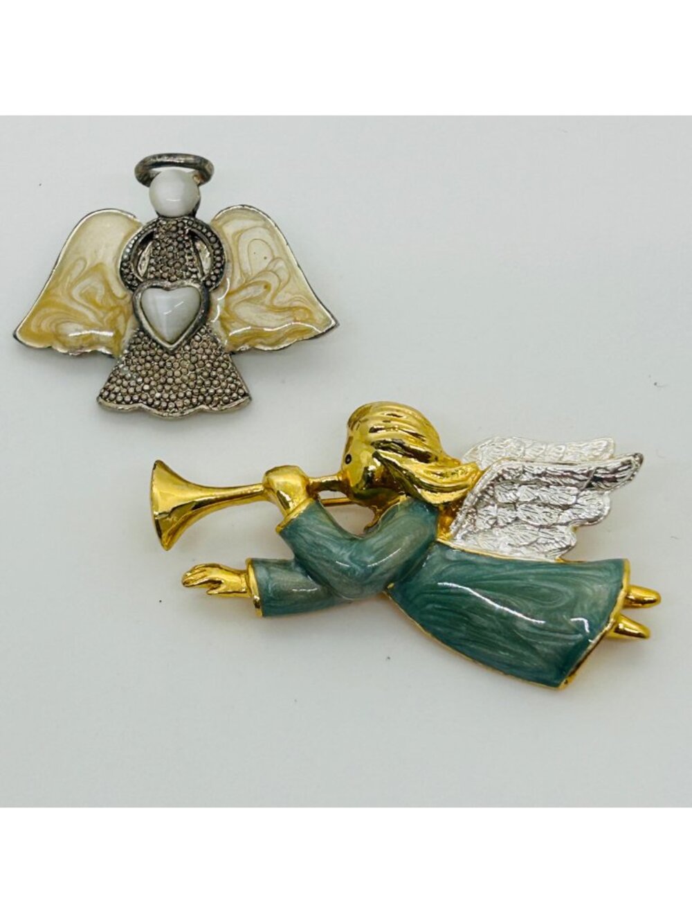 Angel Brooch Heart Trumpet Silver Gold Enamel Christmas Religion Holiday Pin